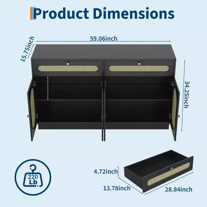 Buffet de 152 cm en rotin avec 2 tiroirs, 4 portes en rotin et étagères réglables