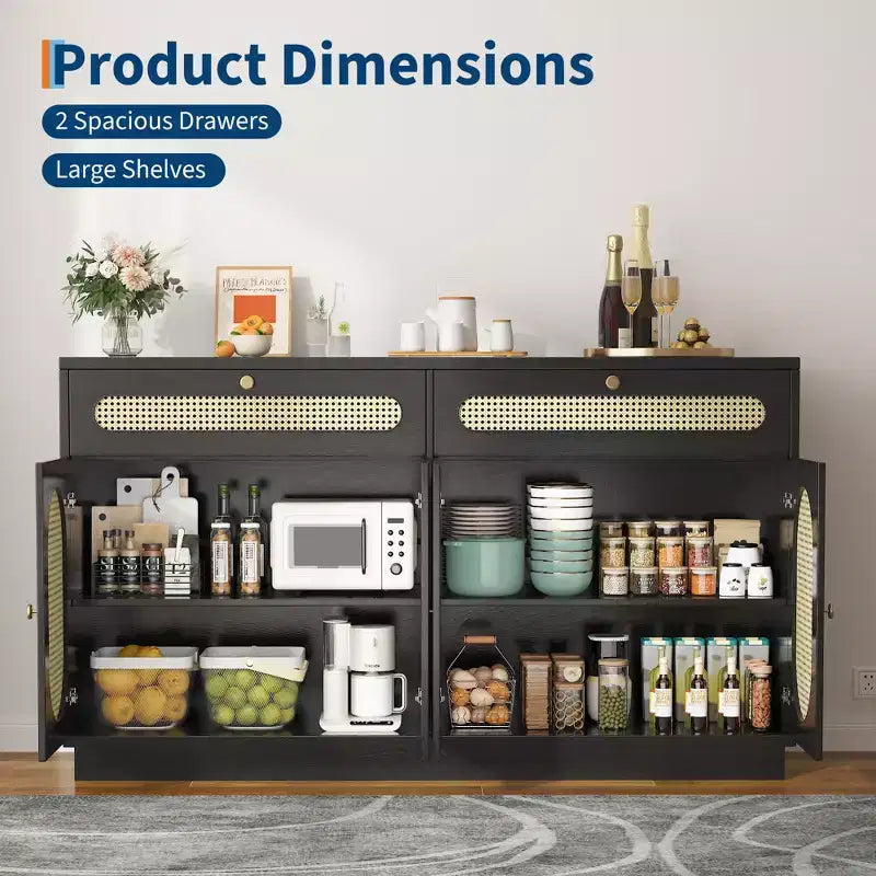 Buffet de 152 cm en rotin avec 2 tiroirs, 4 portes en rotin et étagères réglables