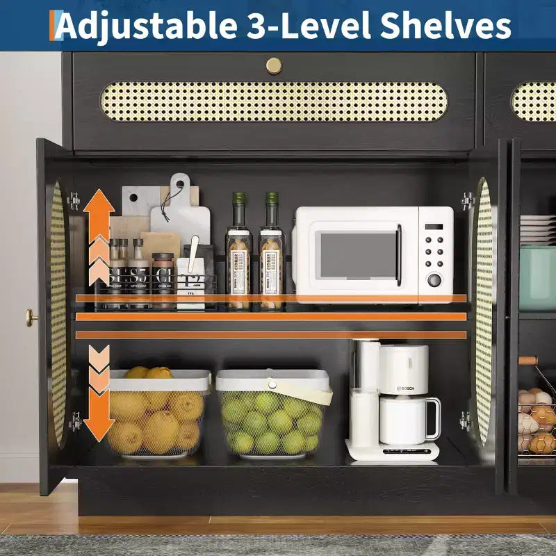 Buffet de 152 cm en rotin avec 2 tiroirs, 4 portes en rotin et étagères réglables
