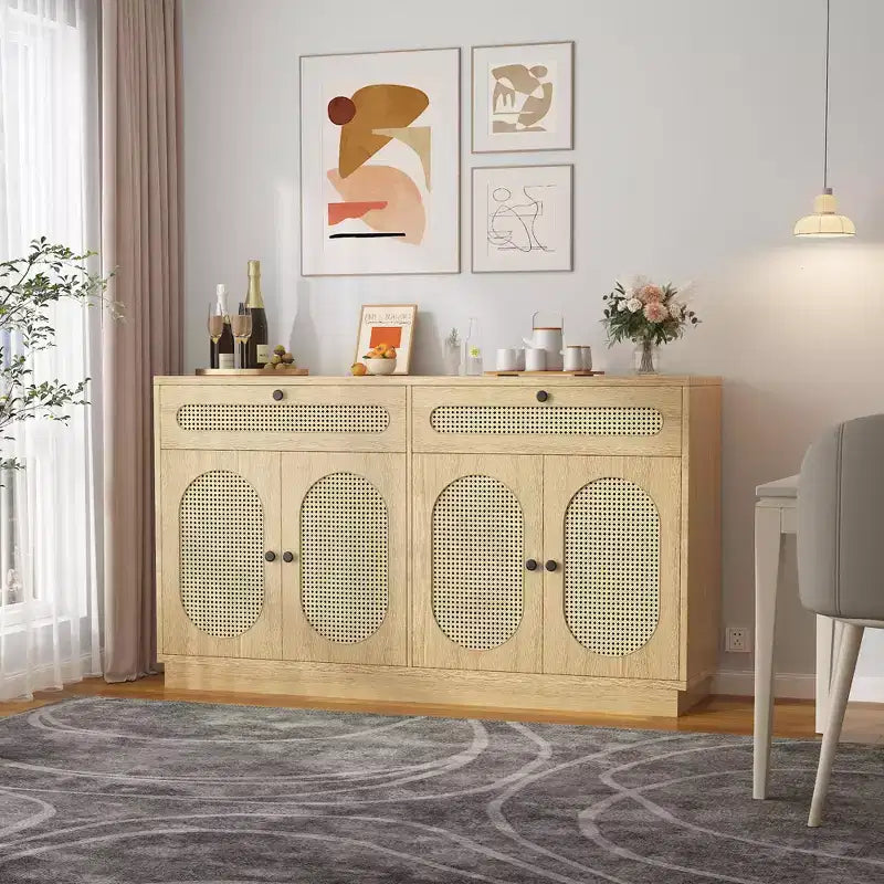60'' Rattan Sideboard Buffet Cabinet with 2 Drawers & 4 Rattan Doors and Adjustable Shelves & Storage