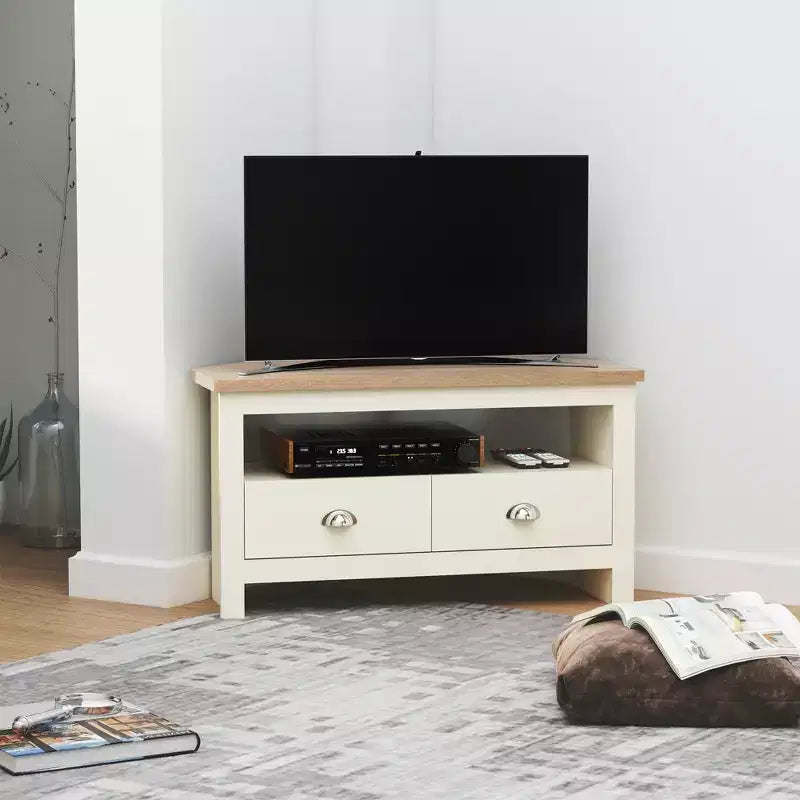 Meuble TV d'angle pour téléviseurs jusqu'à 50 pouces avec tiroirs et étagère de rangement ouverte