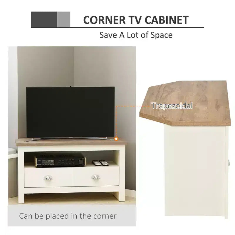 Meuble TV d'angle pour téléviseurs jusqu'à 50 pouces avec tiroirs et étagère de rangement ouverte