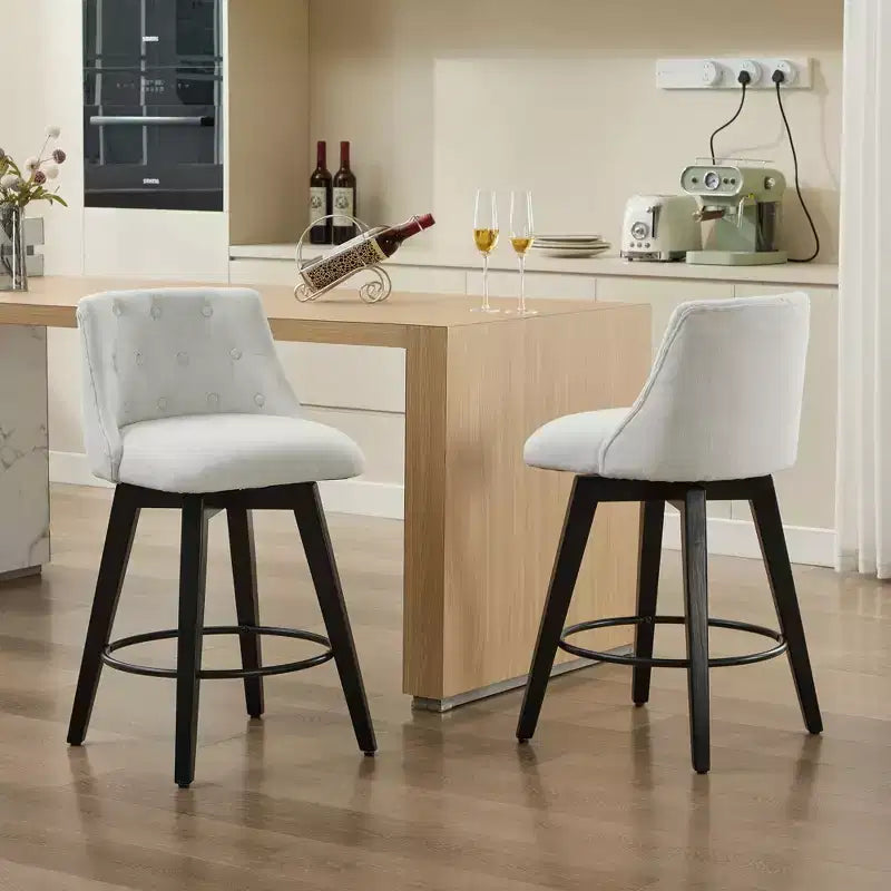 Tabourets de bar pivotants blancs à 360° (lot de 2) - Mélange de lin capitonné pour îlot de cuisine