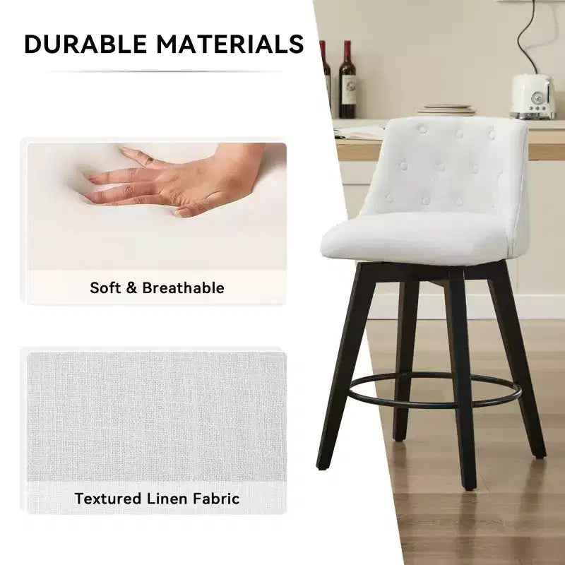 Tabourets de bar pivotants blancs à 360° (lot de 2) - Mélange de lin capitonné pour îlot de cuisine