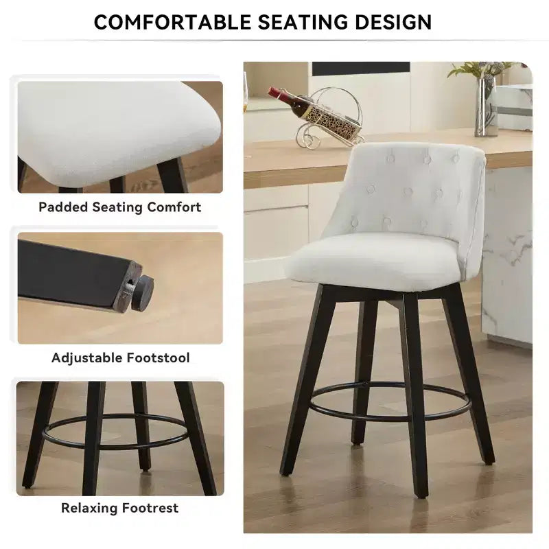 Tabourets de bar pivotants blancs à 360° (lot de 2) - Mélange de lin capitonné pour îlot de cuisine