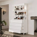 Famapy White Vintage Liquor Cabinet with Tempered Glass Shelves,4 Drawers & LED Lighting Wine Rack,Multi-Storage Bar Cabinet & Display Unit