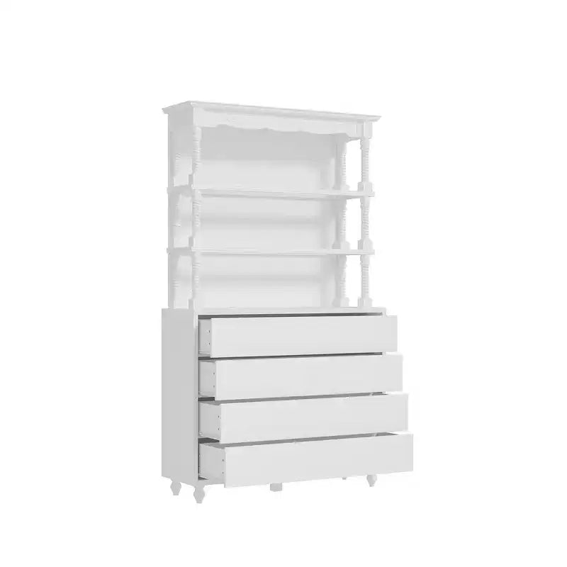 Meuble à liqueur blanc vintage avec étagères en verre trempé, 4 tiroirs et casier à vin avec éclairage LED, armoire de bar multi-rangements et vitrine