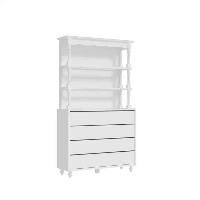 Meuble à liqueur blanc vintage avec étagères en verre trempé, 4 tiroirs et casier à vin avec éclairage LED, armoire de bar multi-rangements et vitrine
