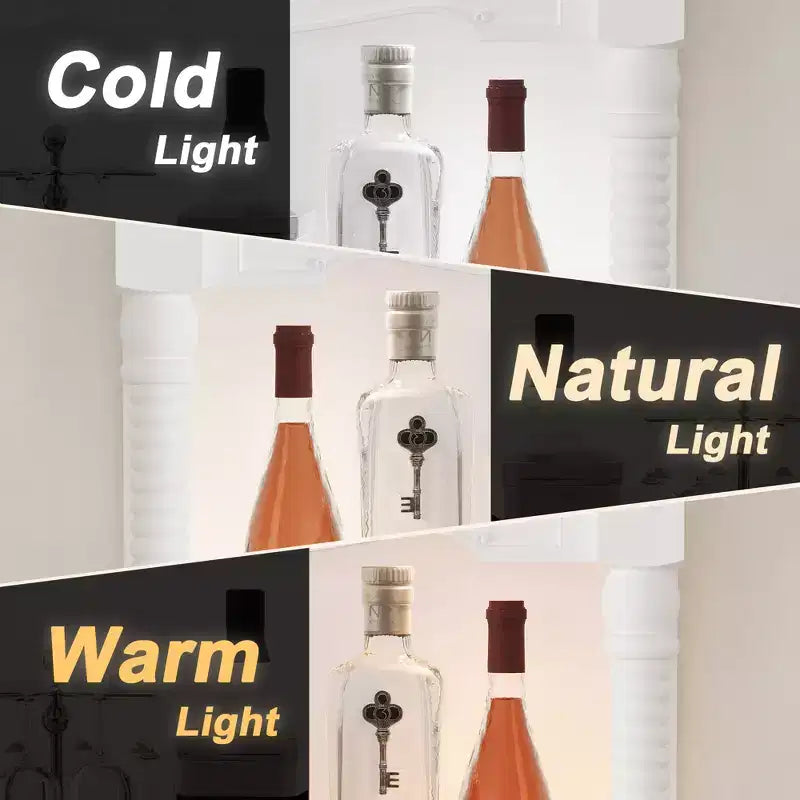 Meuble à liqueur blanc vintage avec étagères en verre trempé, 4 tiroirs et casier à vin avec éclairage LED, armoire de bar multi-rangements et vitrine