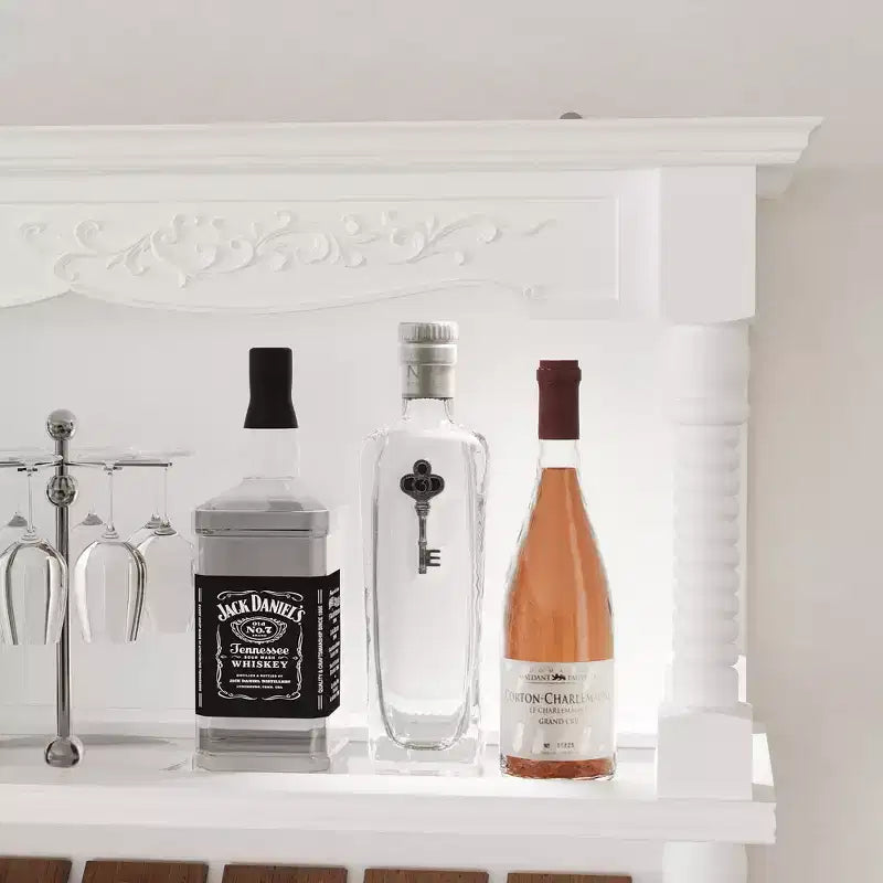 Meuble à liqueur blanc vintage avec étagères en verre trempé, 4 tiroirs et casier à vin avec éclairage LED, armoire de bar multi-rangements et vitrine