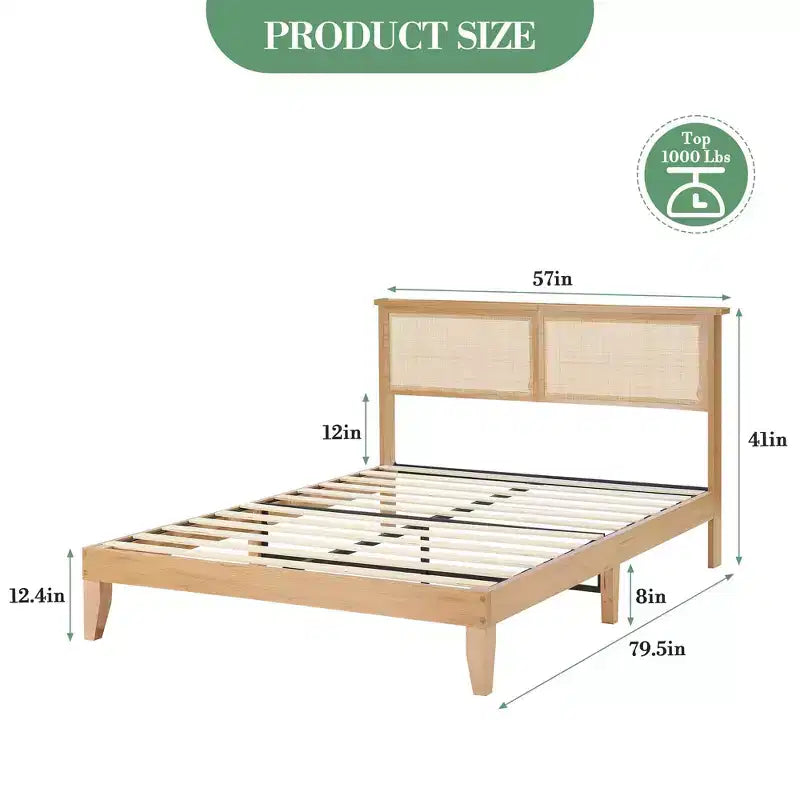 Cadre de lit en bois avec lumières, tête de lit en rotin naturel, sommier en bois massif avec lattes silencieuses, aucun sommier tapissier requis, assemblage facile