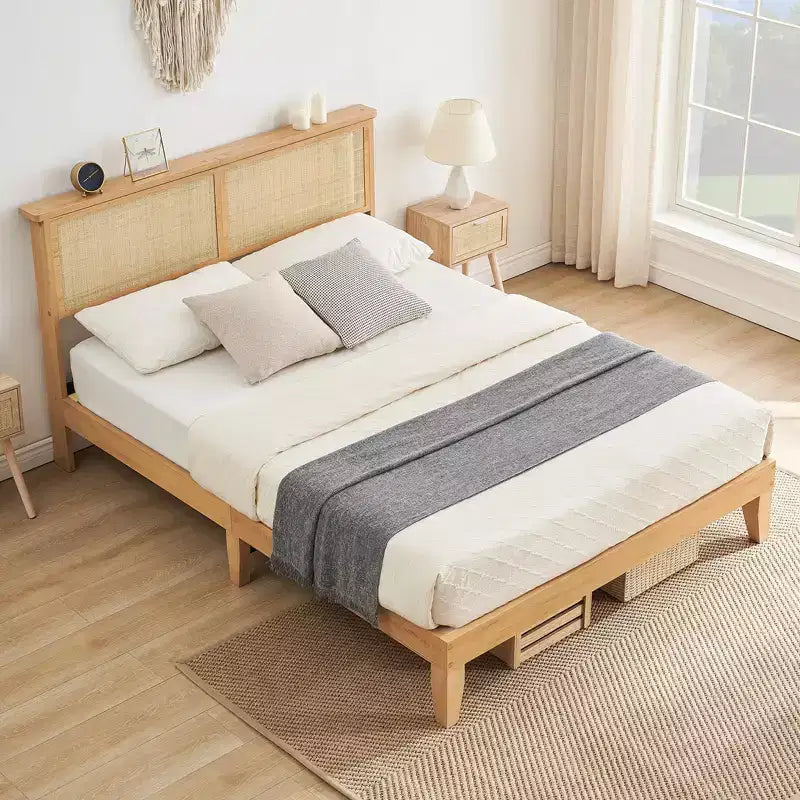 Cadre de lit en bois avec lumières, tête de lit en rotin naturel, sommier en bois massif avec lattes silencieuses, aucun sommier tapissier requis, assemblage facile