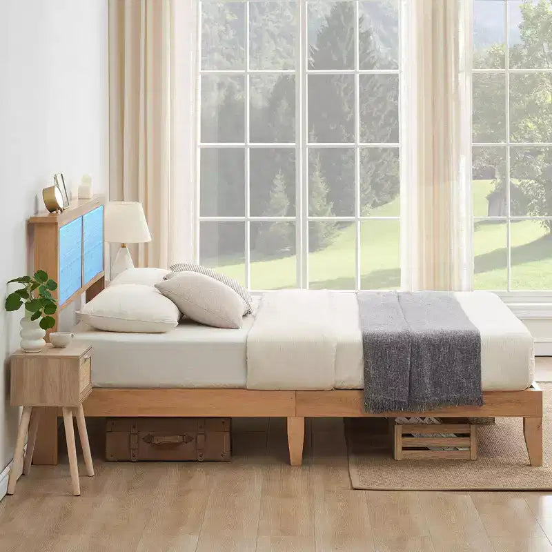 Cadre de lit en bois avec lumières, tête de lit en rotin naturel, sommier en bois massif avec lattes silencieuses, aucun sommier tapissier requis, assemblage facile
