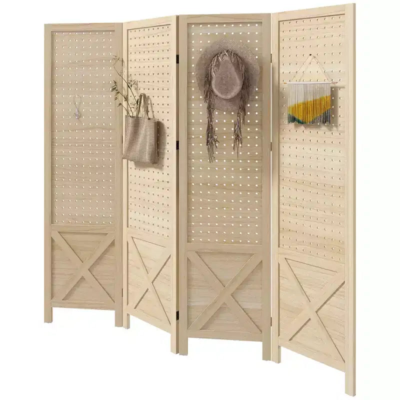 4.7' 4 Panel Wooden Room Divider with Pegboard Display, Folding Privacy Screen for Home Office