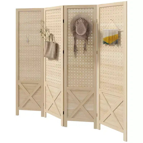 4.7' 4 Panel Wooden Room Divider with Pegboard Display, Folding Privacy Screen for Home Office