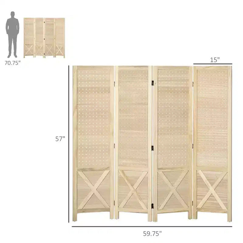Séparateur de pièce en bois à 4 panneaux de 1,45 m avec présentoir perforé, paravent pliant pour bureau à domicile