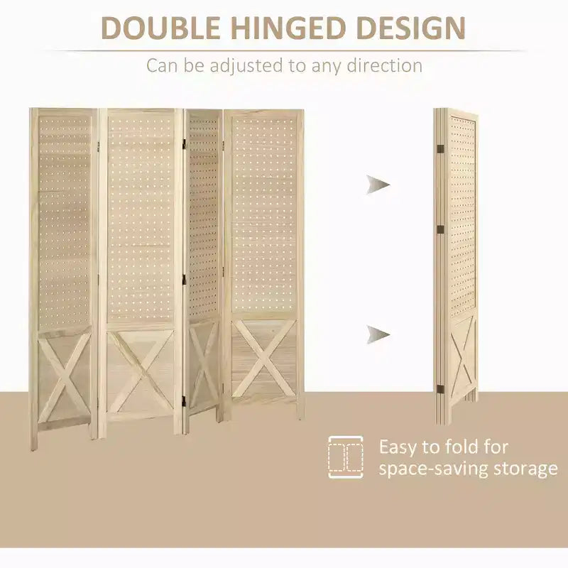 Séparateur de pièce en bois à 4 panneaux de 1,45 m avec présentoir perforé, paravent pliant pour bureau à domicile