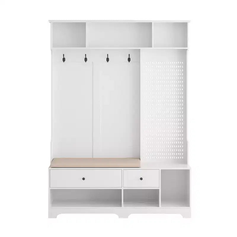 Meuble d'entrée multifonctionnel avec banc rembourré en lin amovible, porte-manteaux à 4 crochets, étagères de rangement et panneau perforé DIY pour couloir, blanc