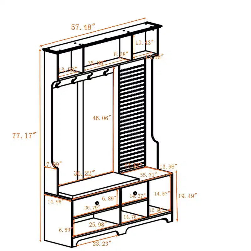 Meuble d'entrée multifonctionnel avec banc rembourré en lin amovible, porte-manteaux à 4 crochets, étagères de rangement et panneau perforé DIY pour couloir, blanc