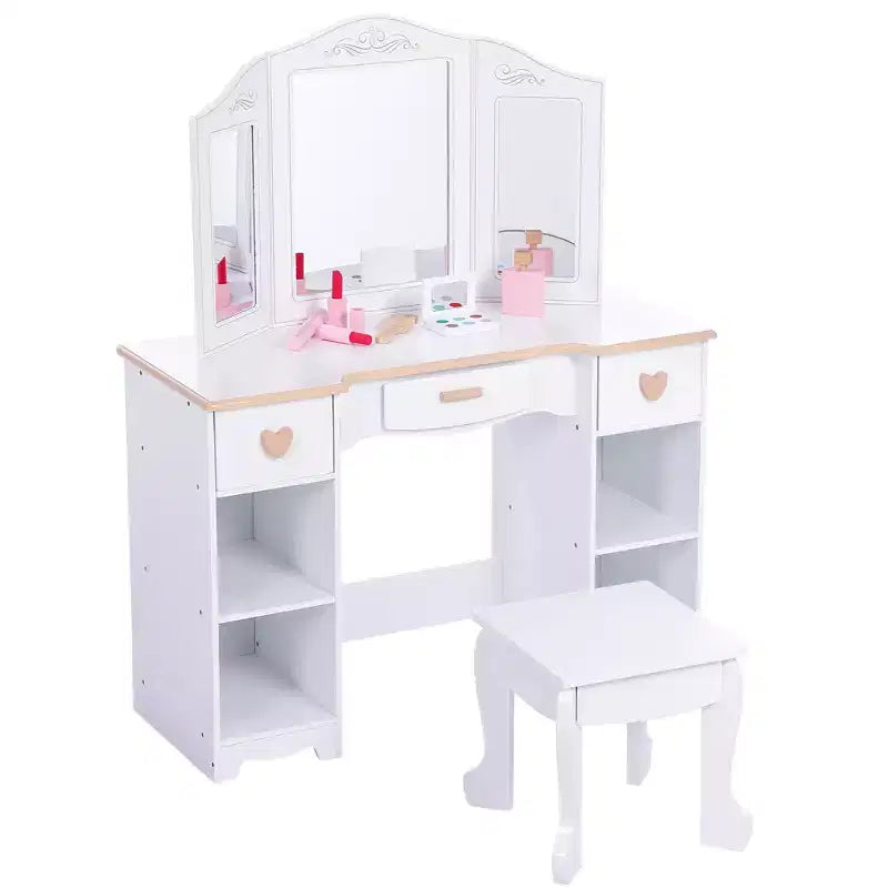 Children's Vanity Set, Toddler Makeup Table with Stool, Featuring 3 Drawers and Mirror, Wooden Makeup Toy