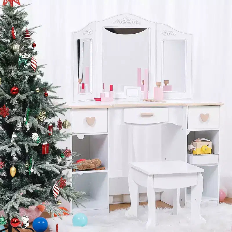 Table de Maquillage Coiffeuse Enfant avec Tabouret, 3 Tiroirs et Miroir, Jouet en Bois