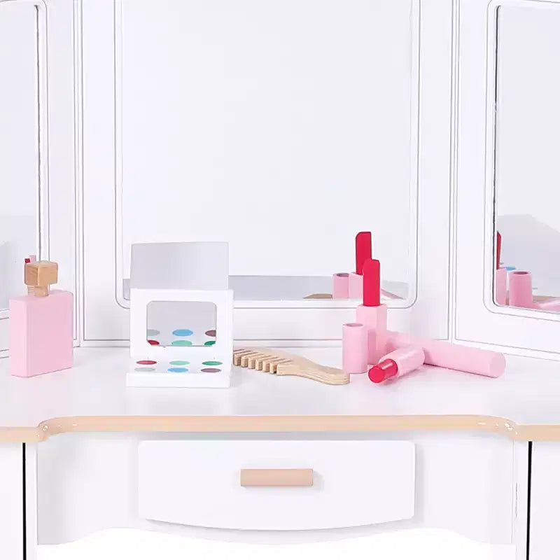 Table de Maquillage Coiffeuse Enfant avec Tabouret, 3 Tiroirs et Miroir, Jouet en Bois