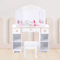 Table de Maquillage Coiffeuse Enfant avec Tabouret, 3 Tiroirs et Miroir, Jouet en Bois