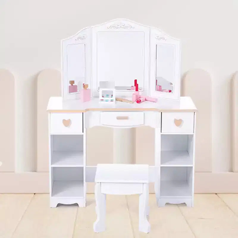 Table de Maquillage Coiffeuse Enfant avec Tabouret, 3 Tiroirs et Miroir, Jouet en Bois