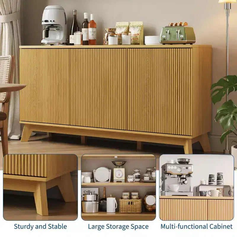 Buffet de 58 po avec étagères réglables et 4 portes, Console de rangement en bois