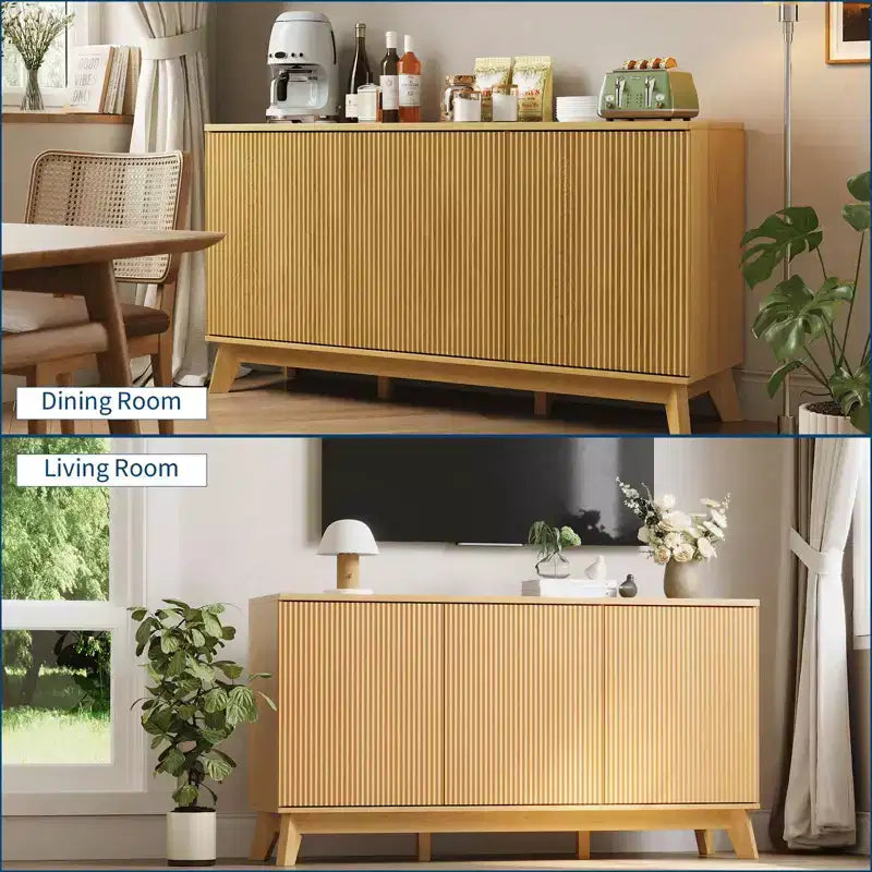 Buffet de 58 po avec étagères réglables et 4 portes, Console de rangement en bois