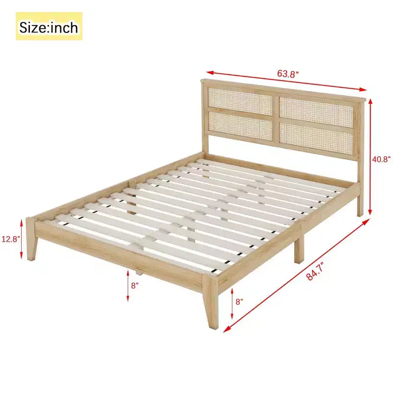Lit en bois d'hévéa avec tête de lit en rotin et pieds de soutien pour chambre à coucher