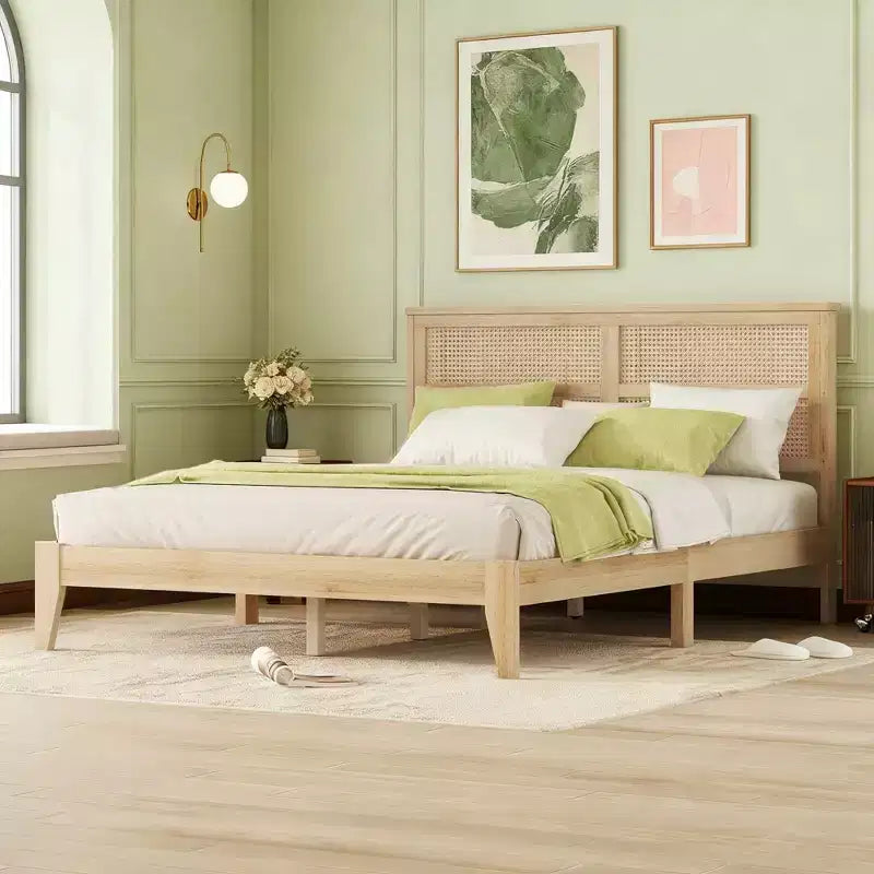 Lit en bois d'hévéa avec tête de lit en rotin et pieds de soutien pour chambre à coucher
