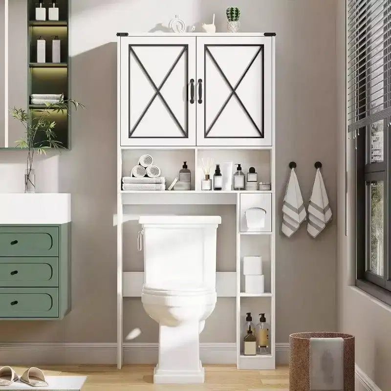 Over Toilet Storage Cabinet Farmhouse Bathroom Cabinet with Paper Holder Rustic White Bathroom Storage Organizer with Doors