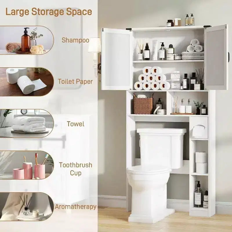 Meuble de Rangement WC Style Ferme Meuble de Salle de Bain Rustique Blanc avec Porte-papier Toilette et Portes