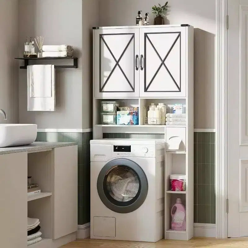 Meuble de Rangement WC Style Ferme Meuble de Salle de Bain Rustique Blanc avec Porte-papier Toilette et Portes