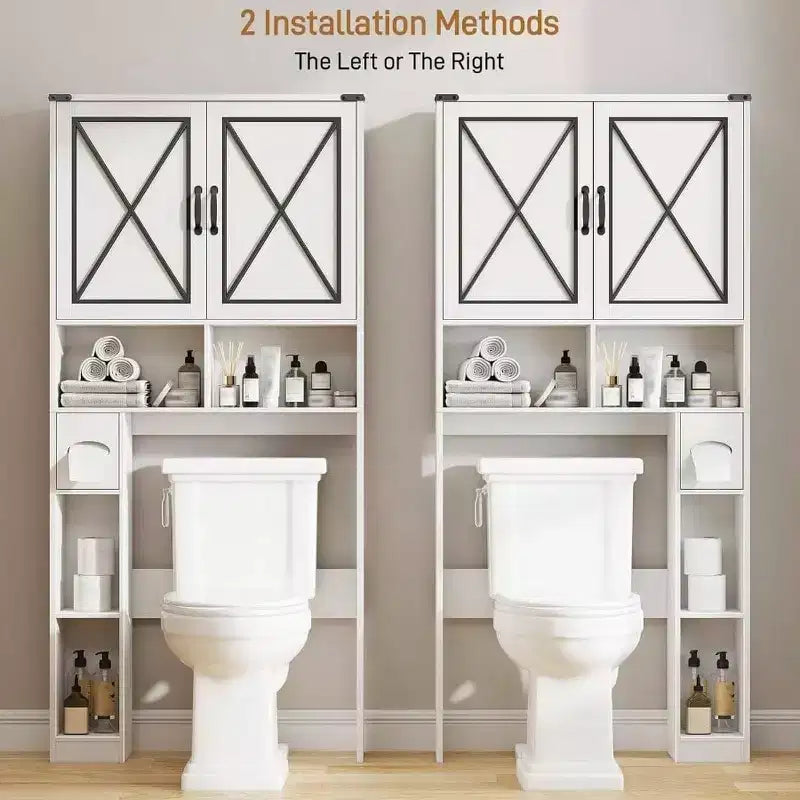 Meuble de Rangement WC Style Ferme Meuble de Salle de Bain Rustique Blanc avec Porte-papier Toilette et Portes