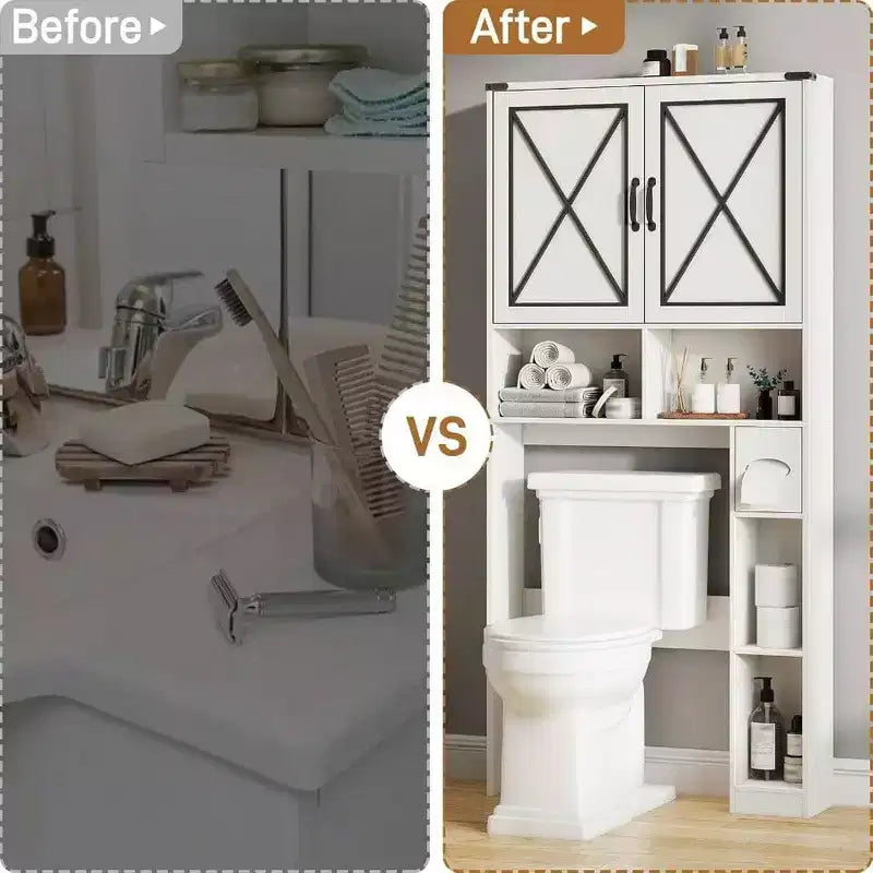 Meuble de Rangement WC Style Ferme Meuble de Salle de Bain Rustique Blanc avec Porte-papier Toilette et Portes
