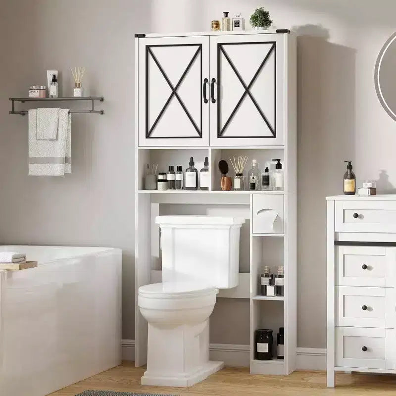 Meuble de Rangement WC Style Ferme Meuble de Salle de Bain Rustique Blanc avec Porte-papier Toilette et Portes