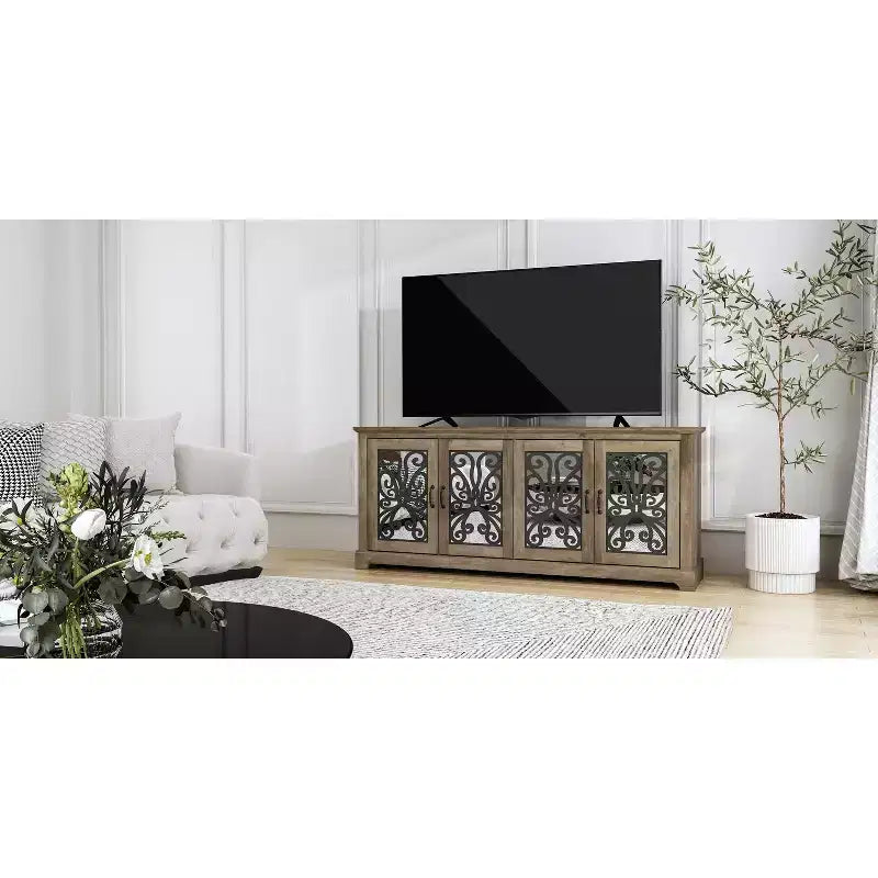 Meuble TV avec portes miroir et rangement dissimulé 68,2 L x 17,2 P x 29,3 H