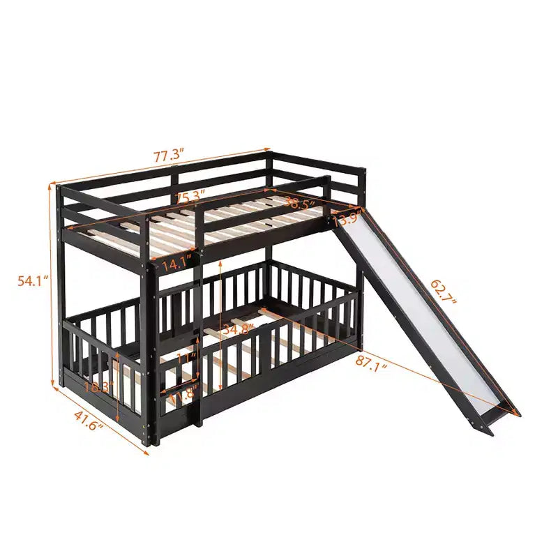 Whisen Twin Over Twin Bunk Bed & Bed Frame with Slide and Ladder, Full-length Guardrail, Solid Wood Frame