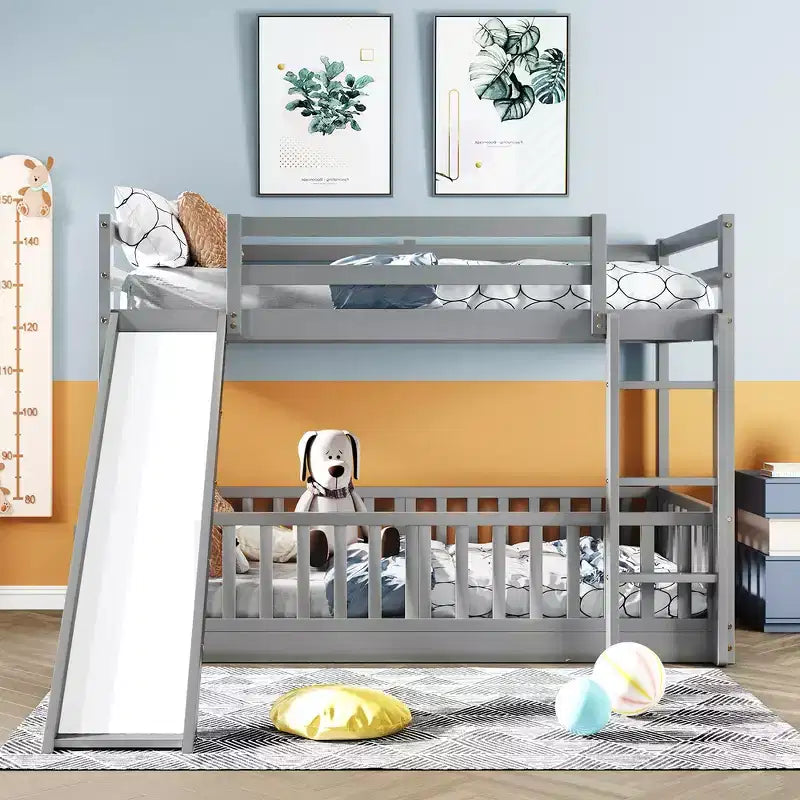 Whisen Twin Over Twin Bunk Bed & Bed Frame with Slide and Ladder, Full-length Guardrail, Solid Wood Frame