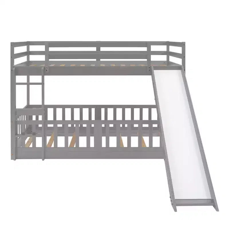Whisen Twin Over Twin Bunk Bed & Bed Frame with Slide and Ladder, Full-length Guardrail, Solid Wood Frame