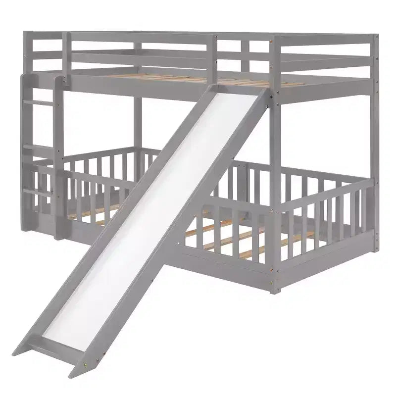 Whisen Twin Over Twin Bunk Bed & Bed Frame with Slide and Ladder, Full-length Guardrail, Solid Wood Frame