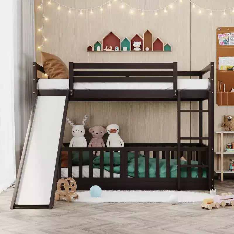 Whisen Twin Over Twin Bunk Bed & Bed Frame with Slide and Ladder, Full-length Guardrail, Solid Wood Frame