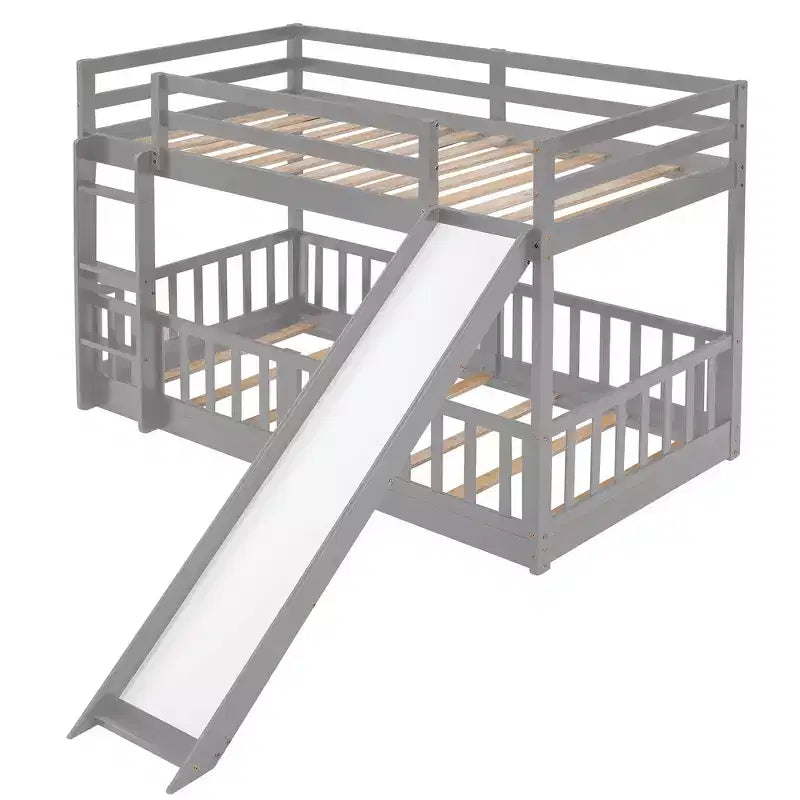 Whisen Twin Over Twin Bunk Bed & Bed Frame with Slide and Ladder, Full-length Guardrail, Solid Wood Frame