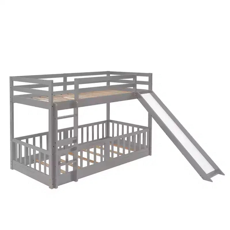 Whisen Twin Over Twin Bunk Bed & Bed Frame with Slide and Ladder, Full-length Guardrail, Solid Wood Frame