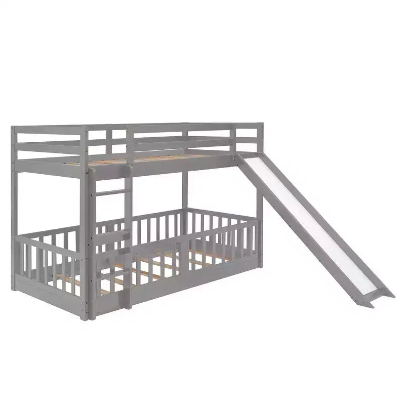 Whisen Twin Over Twin Bunk Bed & Bed Frame with Slide and Ladder, Full-length Guardrail, Solid Wood Frame