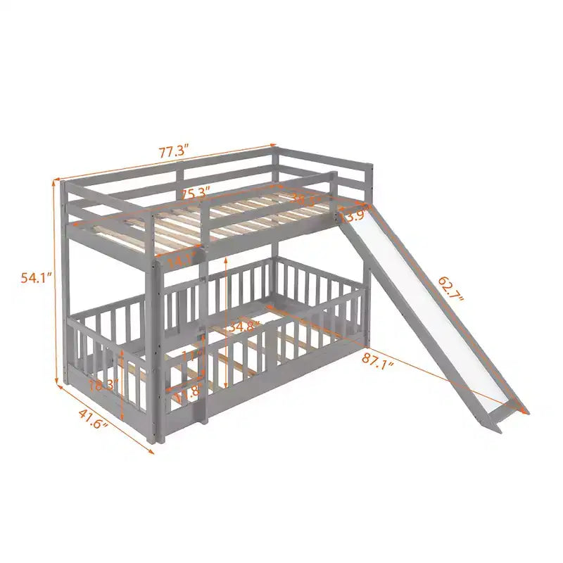 Whisen Twin Over Twin Bunk Bed & Bed Frame with Slide and Ladder, Full-length Guardrail, Solid Wood Frame