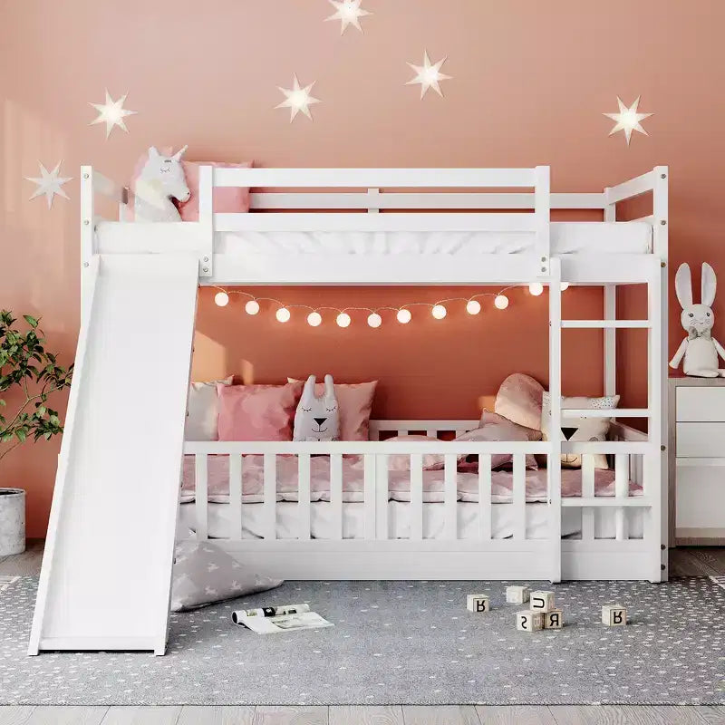 Whisen Twin Over Twin Bunk Bed & Bed Frame with Slide and Ladder, Full-length Guardrail, Solid Wood Frame