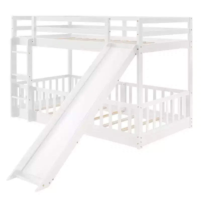 Whisen Twin Over Twin Bunk Bed & Bed Frame with Slide and Ladder, Full-length Guardrail, Solid Wood Frame